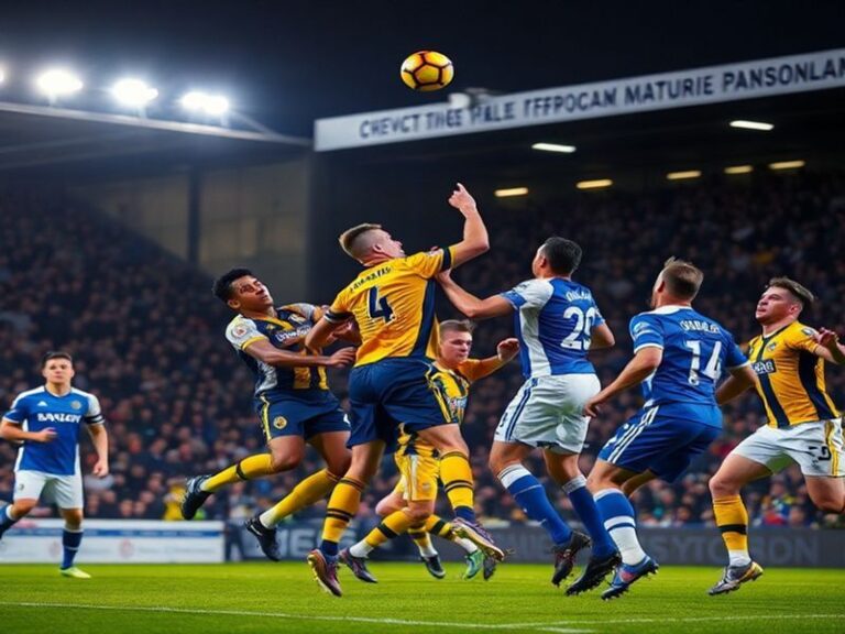 A vibrant stadium atmosphere with Portsmouth fans in blue shirts and Oxford fans in yellow, set against a backdrop of Portsmo