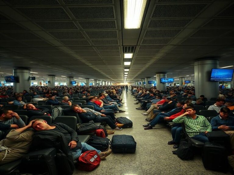 A crowded Miami International Airport terminal with long lines at check-in counters, frustrated travelers carrying luggage, a