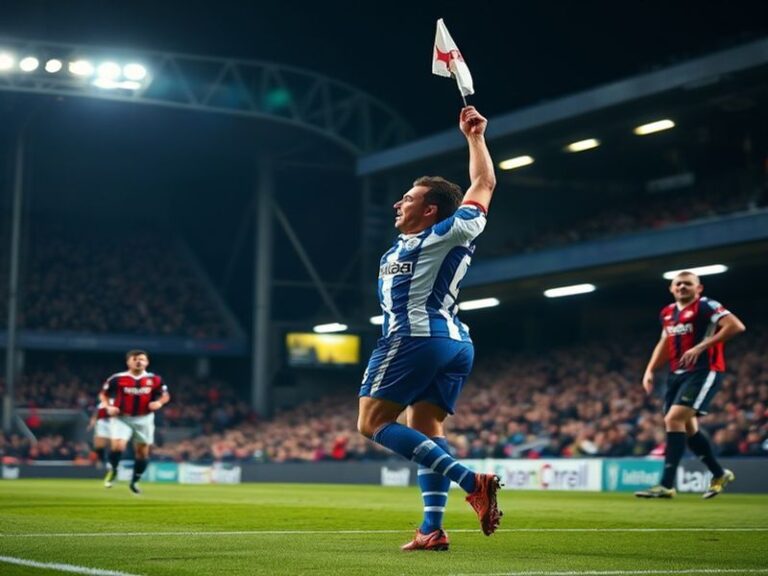 A high-energy shot of Portsmouth players celebrating a goal against Oxford United at Fratton Park, with fans in the backgroun