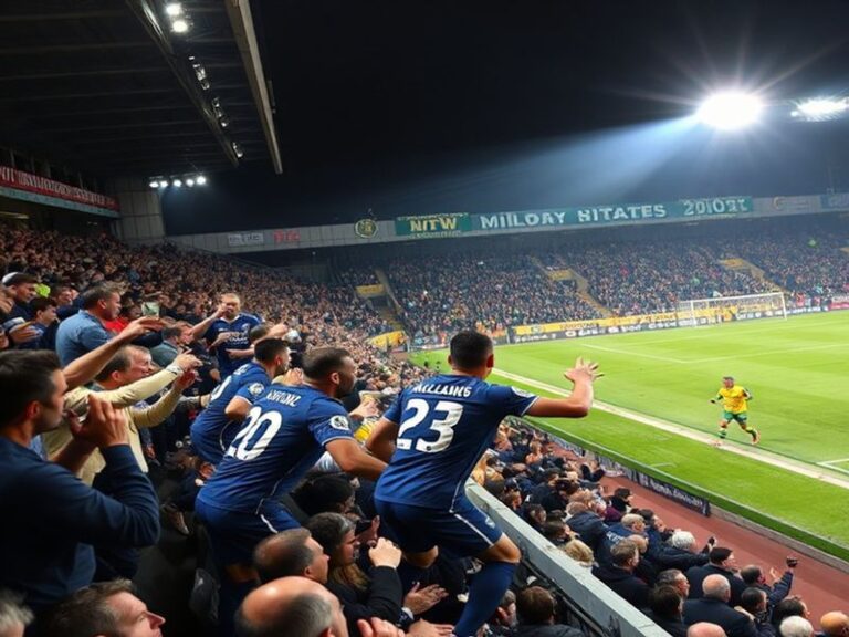 A tense football match between Millwall and Norwich City, captured from the stands at The Den. Millwall players in dark blue