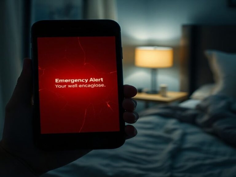 A split-screen image showing a smartphone displaying an emergency alert notification alongside an emergency siren mounted on