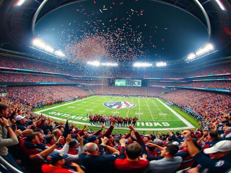 A vibrant stadium filled with cheering fans draped in national flags, with a spotlight on a jubilant athlete holding a trophy