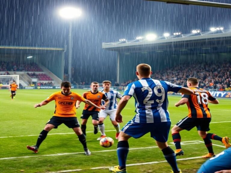 A vibrant shot of Fratton Park packed with fans, players in red and white (Portsmouth) and yellow and blue (Oxford United) mi