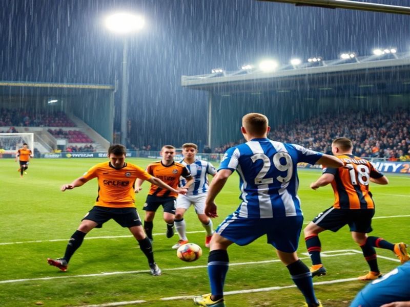 A vibrant shot of Fratton Park packed with fans, players in red and white (Portsmouth) and yellow and blue (Oxford United) mi