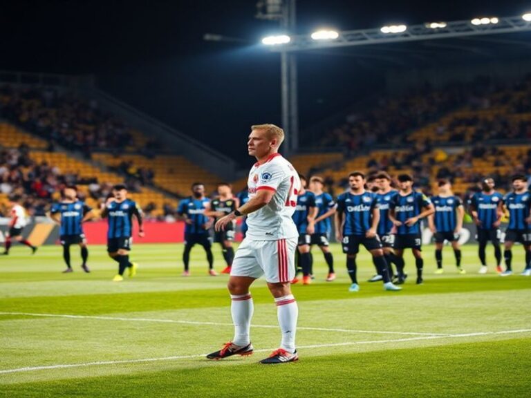 A dynamic mid-action shot from a Lecce vs Atalanta Serie A match, featuring players in blue-black (Atalanta) and red-yellow (