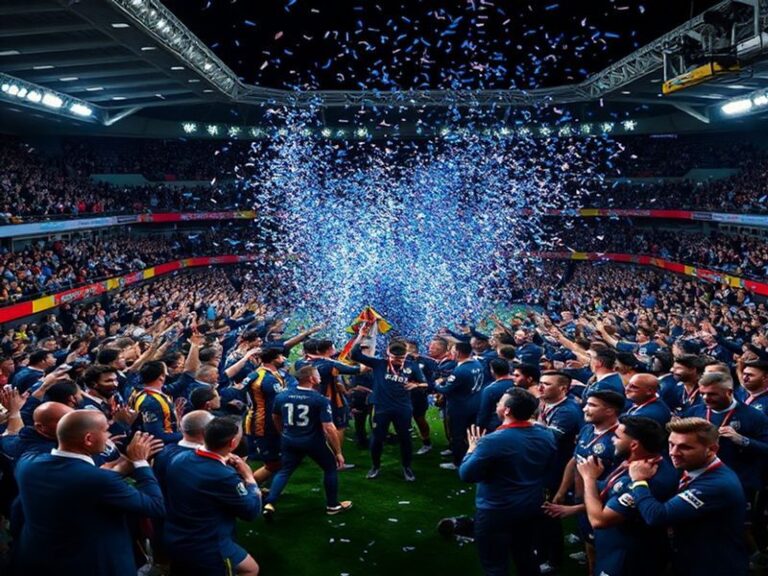 A dynamic shot of Lecce’s players celebrating a goal against Atalanta, with the Stadio Via del Mare crowd in the background.