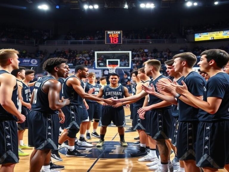 A dynamic action shot of a Division III basketball game in a packed gym, featuring student-athletes in mid-play with a scoreb