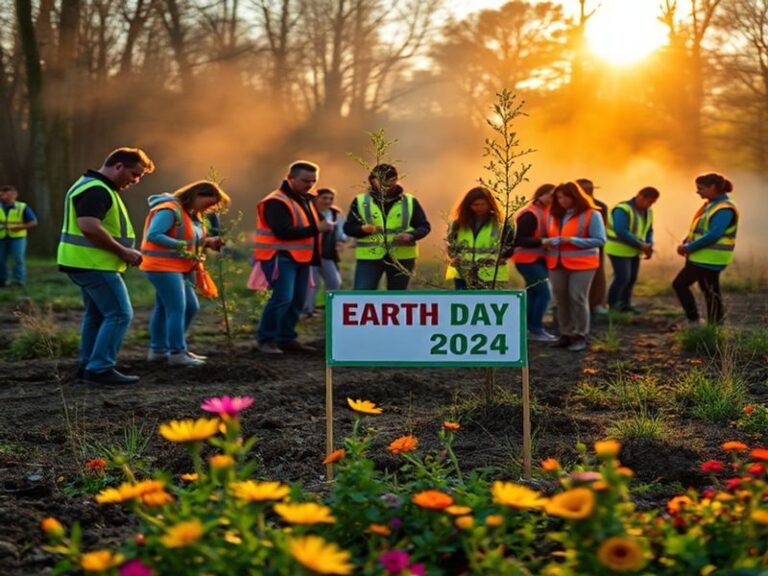 A diverse group of people planting trees in an urban park, with solar panels and a recycling bin visible in the background. T