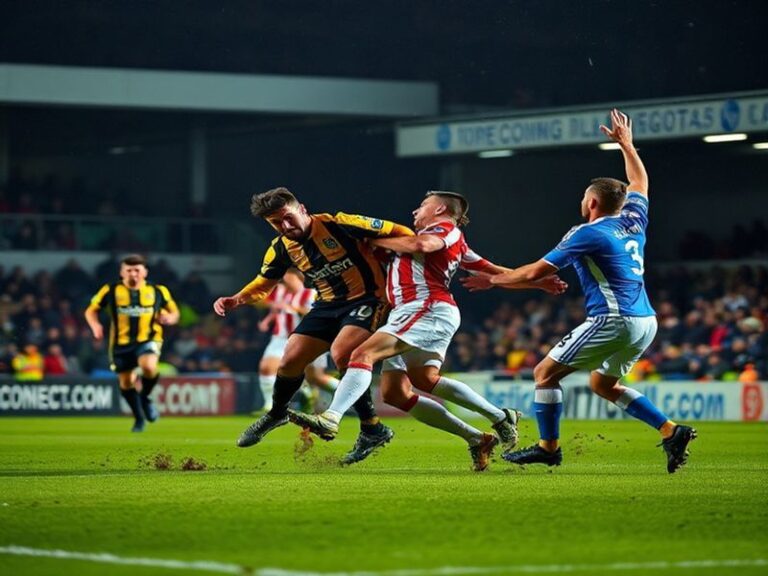 A dynamic shot of Mansfield Town and Burton Albion players contesting a header in the air during their League Two match at Fi