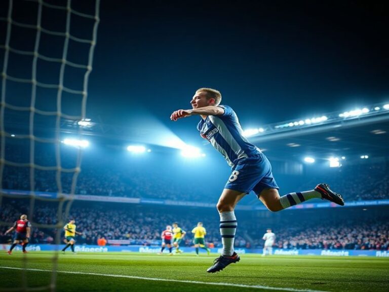 A vibrant stadium atmosphere at Portman Road during an Ipswich Town match, with fans in blue and white scarves, modern floodl