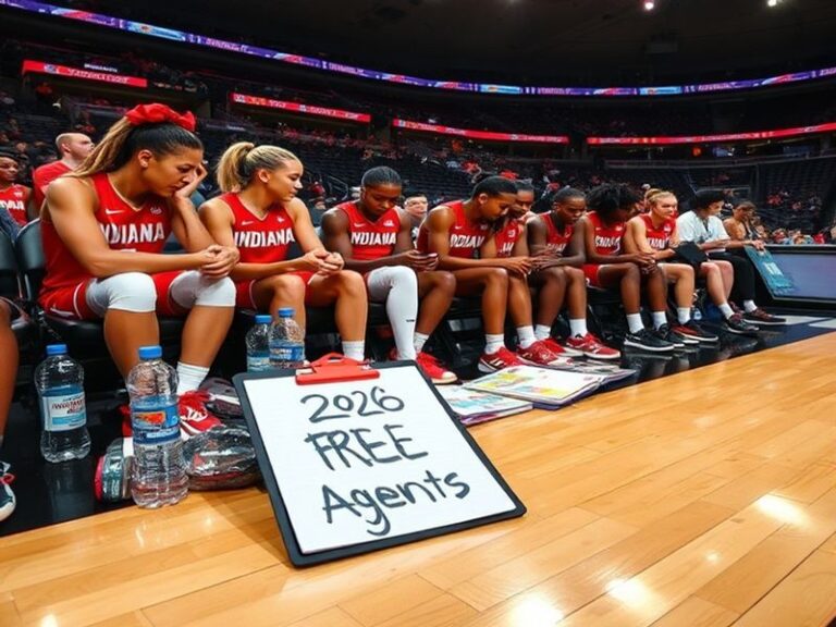 A dynamic action shot of the Indiana Fever playing on their home court, with a focus on key players like Kelsey Mitchell and