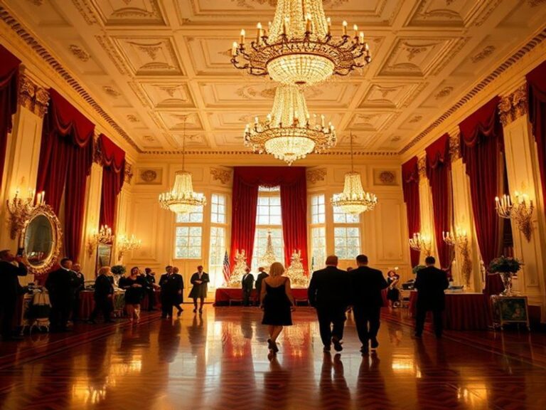 A grand view of the White House State Ballroom during a state dinner, showcasing crystal chandeliers, gilded moldings, and a