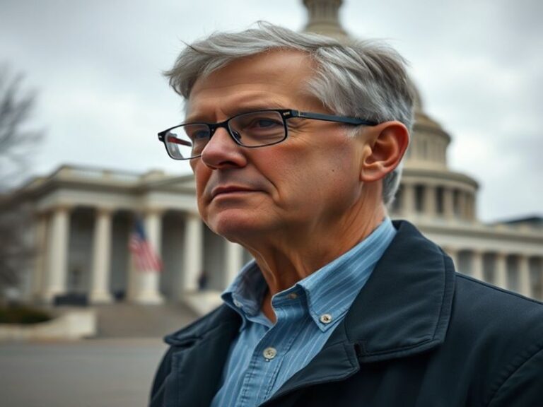 A portrait of Jeff Merkley speaking at a podium with the U.S. Capitol in the background, wearing a dark suit and red tie, set