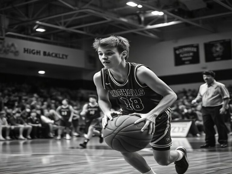 A mid-career action shot of Tim Buckley coaching a basketball team on the sidelines, wearing a suit and holding a clipboard,