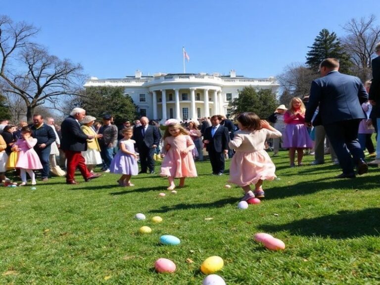 A vibrant aerial view of the White House South Lawn during the Easter Egg Roll, showing children rolling decorated eggs down