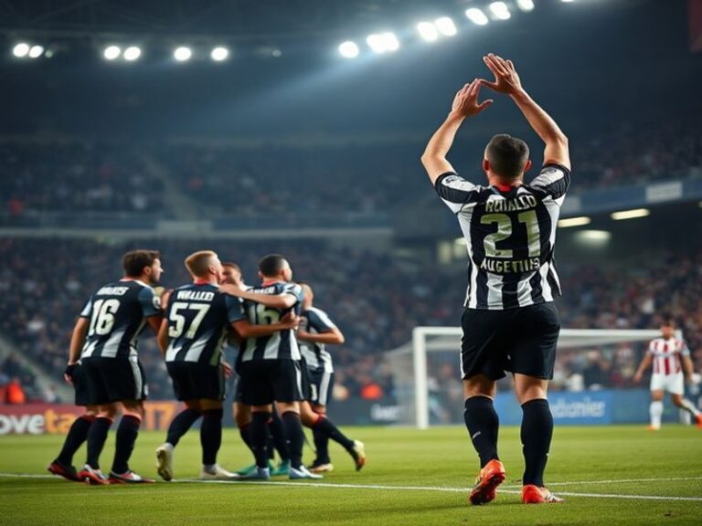 A mid-action shot of Angel Di Maria scoring a curling goal for Juventus against Genoa, with Juventus players celebrating and