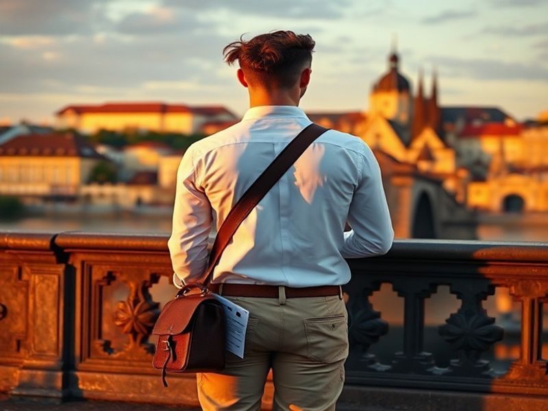 A young professional working on a laptop in a Prague café, with a view of the Charles Bridge in the background. The scene cap