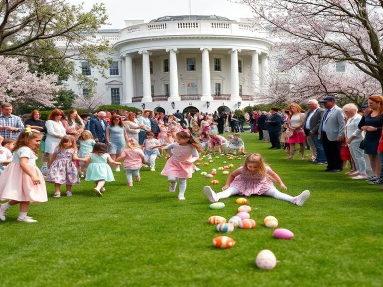 A vibrant scene of the White House South Lawn during the Easter Egg Roll, filled with children rolling decorated eggs, famili