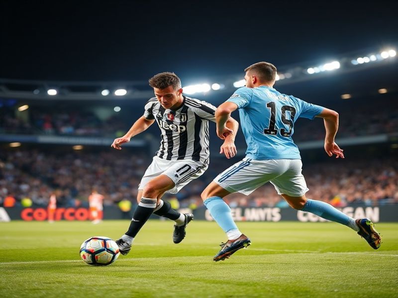 A dynamic mid-action shot of Juventus players celebrating Arkadiusz Piątek’s goal against Genoa, with the Allianz Stadium in