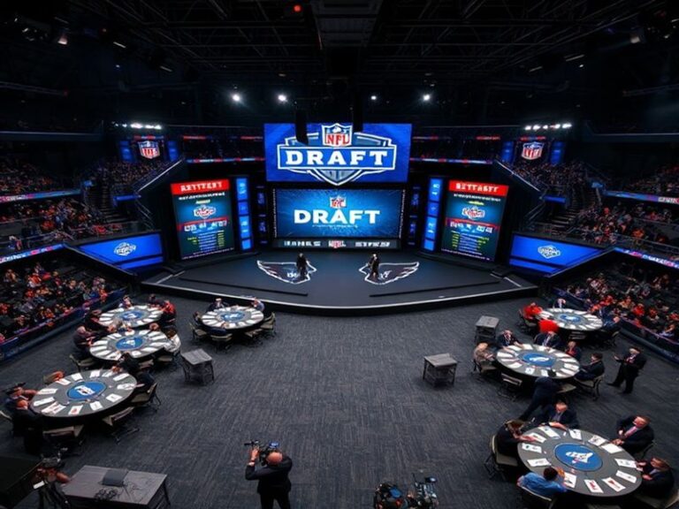A dynamic shot of the NFL Draft stage with team banners, a broadcast desk, and a large screen displaying the first-round pick