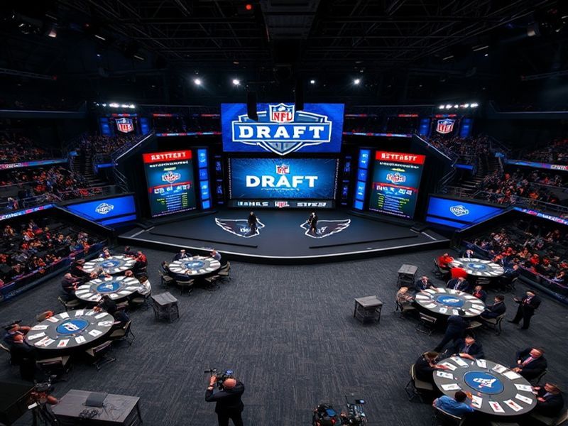 A dynamic shot of the NFL Draft stage with team banners, a broadcast desk, and a large screen displaying the first-round pick