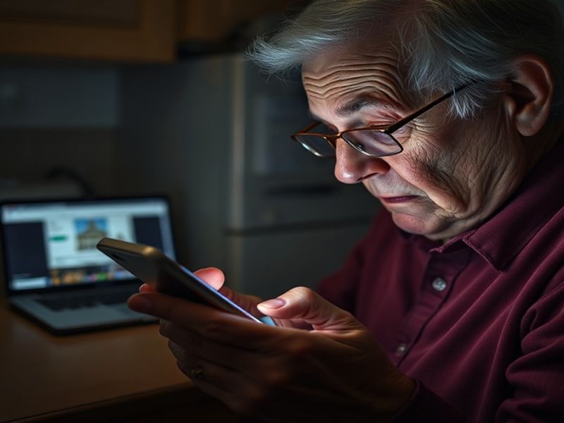 A concerned person checking their email on a laptop with an official-looking SSA imposter email on screen, while a red 'SCAM