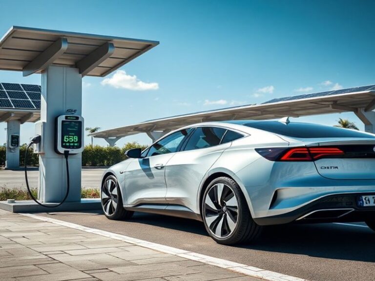 A futuristic cityscape at dusk, featuring a mix of electric vehicles—compact cars, SUVs, and buses—charging at solar-powered