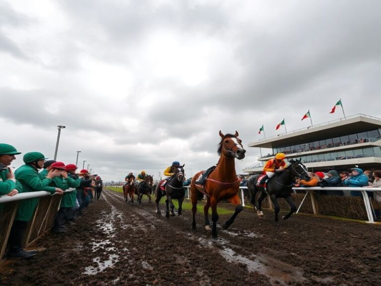 A muddy Fairyhouse Racecourse under overcast skies, with Galileo Chrome crossing the finish line ahead of Any Second Now, joc