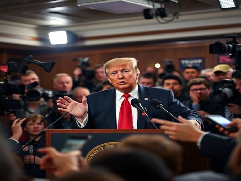 A crowded press conference at Mar-a-Lago with Donald Trump speaking at a podium, surrounded by journalists and supporters. Th
