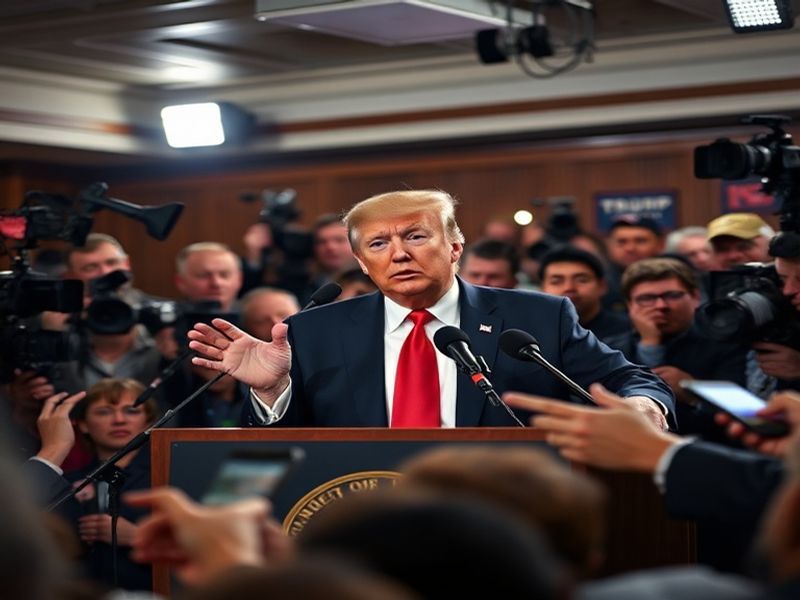 A crowded press conference at Mar-a-Lago with Donald Trump speaking at a podium, surrounded by journalists and supporters. Th