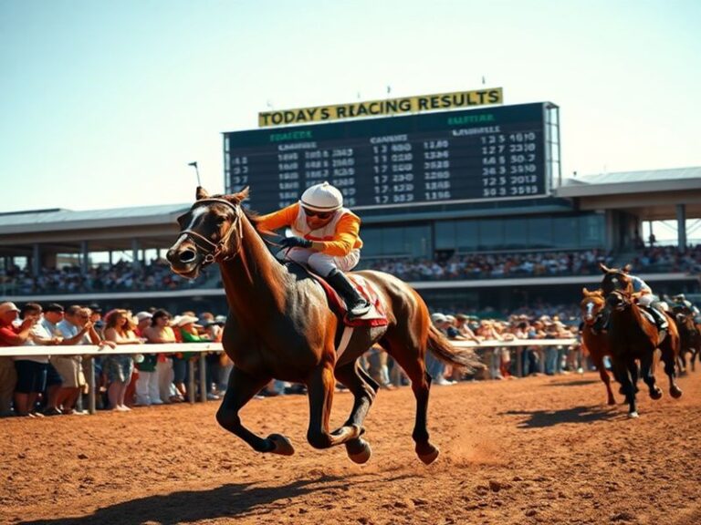 A vibrant image of a horse race in progress at Churchill Downs, with jockeys in colorful silks racing down the stretch, surro