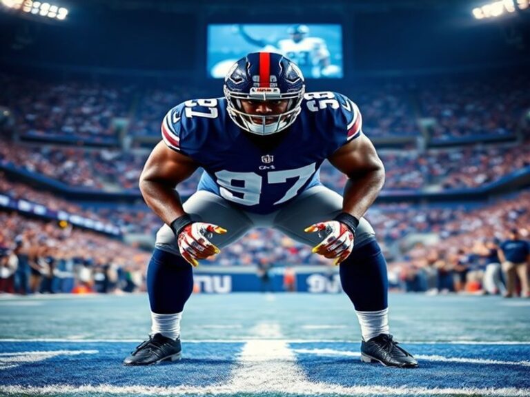 A dynamic action shot of Dexter Lawrence in a New York Giants uniform, mid-play on the defensive line, with a focused express