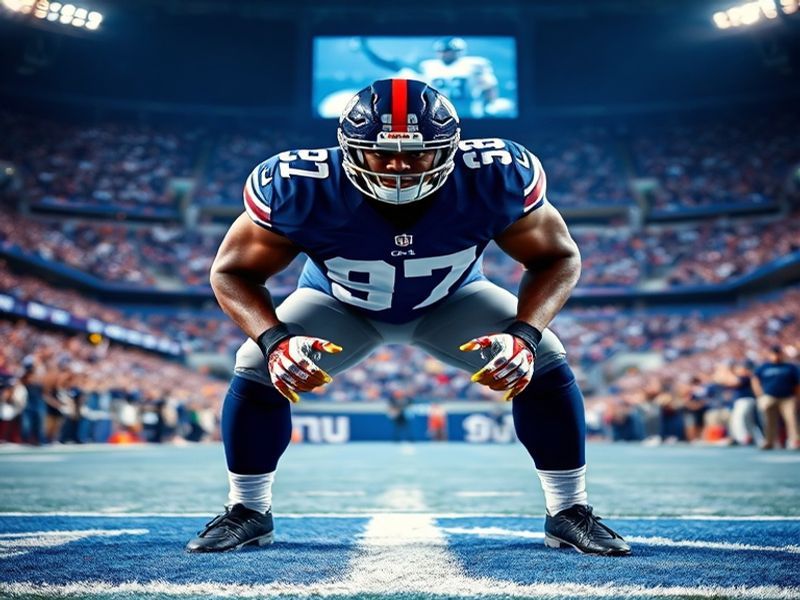 A dynamic action shot of Dexter Lawrence in a New York Giants uniform, mid-play on the defensive line, with a focused express
