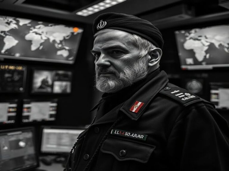 A somber, cinematic portrait of Qasem Soleimani in military uniform, standing against a backdrop of Middle Eastern architectu