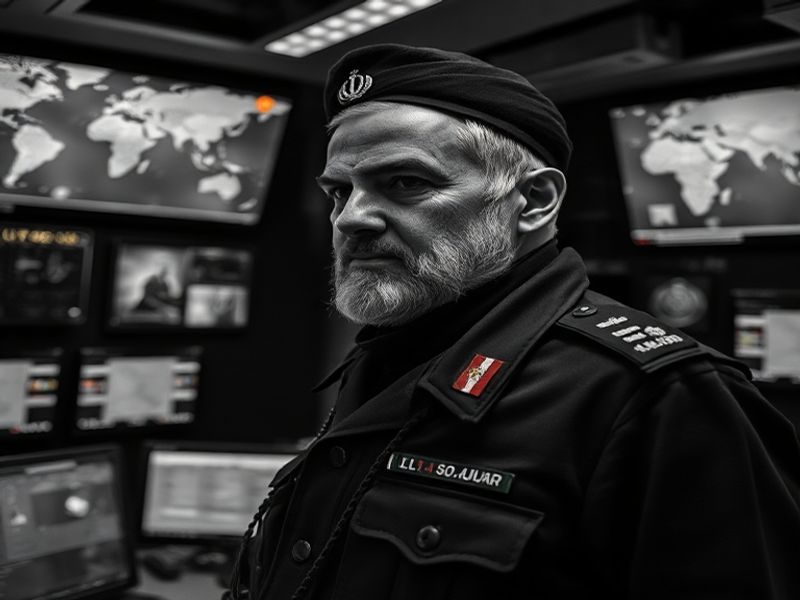 A somber, cinematic portrait of Qasem Soleimani in military uniform, standing against a backdrop of Middle Eastern architectu