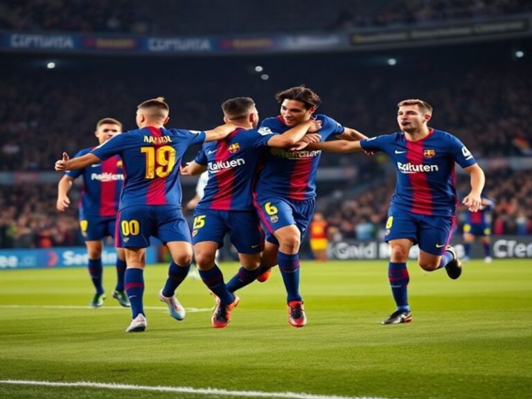 A packed stadium with Barcelona fans in blaugrana colors and Levante supporters in their green and white jerseys, creating a