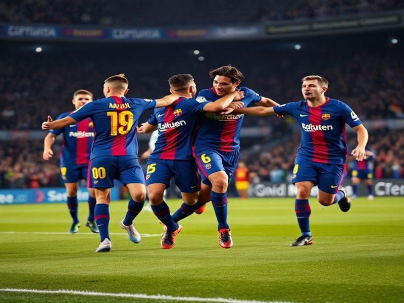 A packed stadium with Barcelona fans in blaugrana colors and Levante supporters in their green and white jerseys, creating a