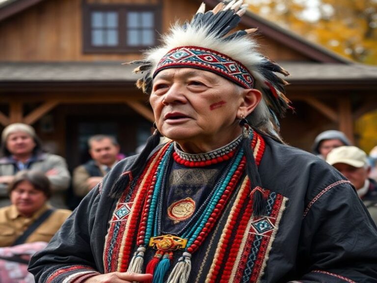 A vibrant scene of a modern Potawatomi cultural event, featuring traditional regalia, drumming, and dancers in a natural outd