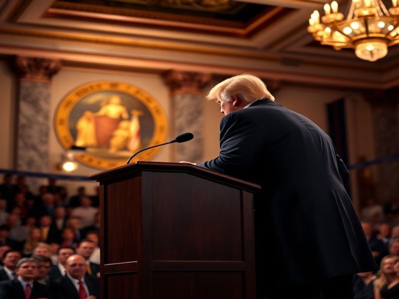 A split-screen image of Donald Trump speaking at a podium during his prime-time address, with the American flag blurred in th