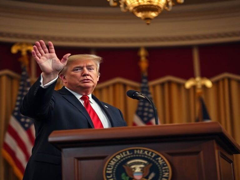 A split-screen image showing Donald Trump speaking from the Oval Office, with an American flag in the background, and a crowd