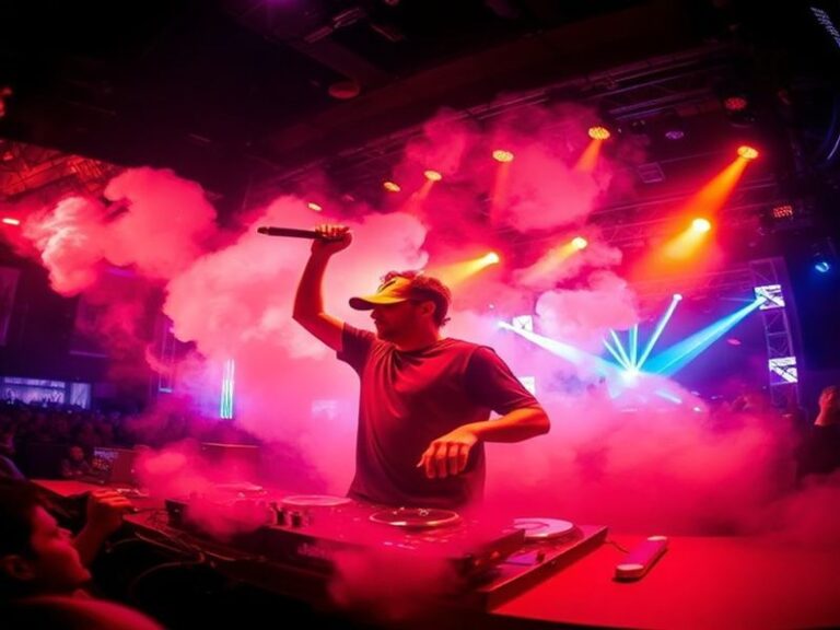 A vibrant concert shot of DJ Wagner performing live on stage at a Berlin club, surrounded by synths and lights, with a crowd