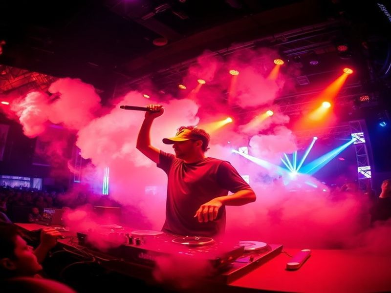 A vibrant concert shot of DJ Wagner performing live on stage at a Berlin club, surrounded by synths and lights, with a crowd