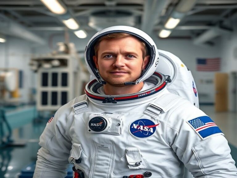 Astronaut Reid Wiseman floating inside the International Space Station, wearing a blue flight suit with NASA patches. He is s