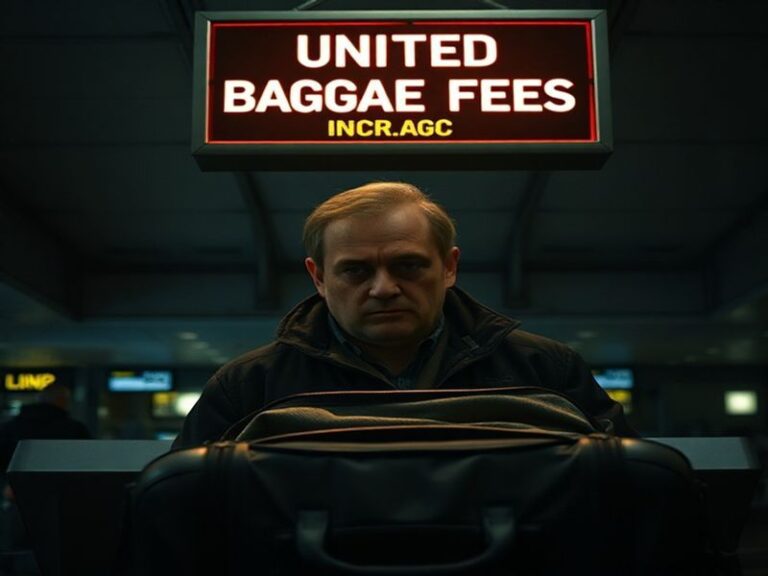 A close-up of a United Airlines luggage tag on a suitcase, with a boarding pass and passport in the background. The setting i