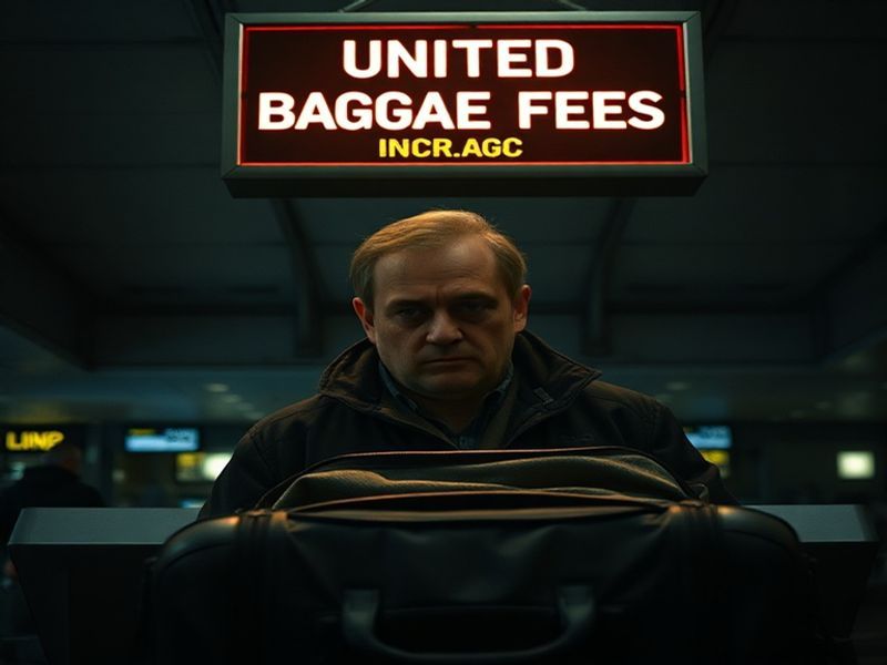 A close-up of a United Airlines luggage tag on a suitcase, with a boarding pass and passport in the background. The setting i
