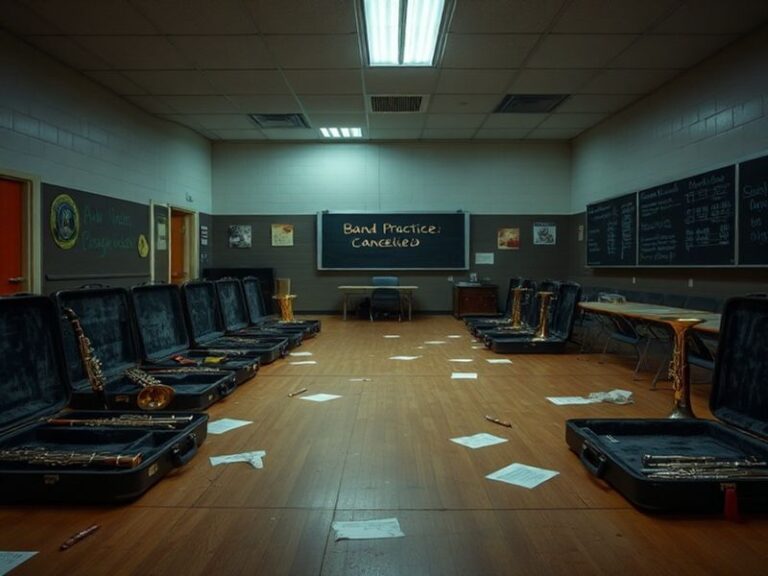 A dimly lit high school band room with empty instrument cases and sheet music scattered on the floor, conveying a sense of lo
