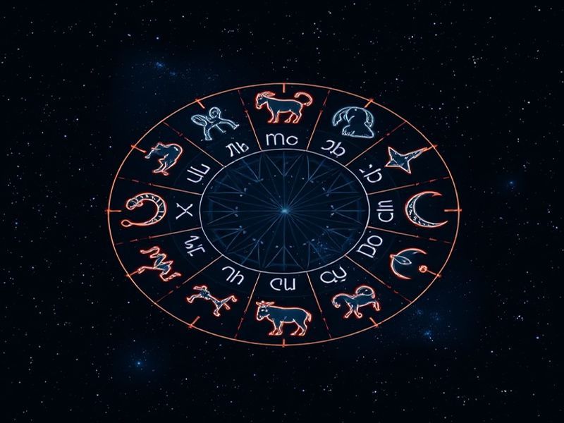 A celestial-themed illustration showing the twelve zodiac constellations overlaid on a starry night sky, with subtle modern e