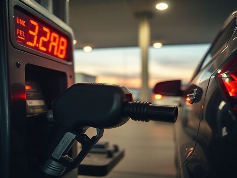 A split-screen image: on one side, a gas pump with rising price numbers; on the other, a delivery truck on a highway with a f
