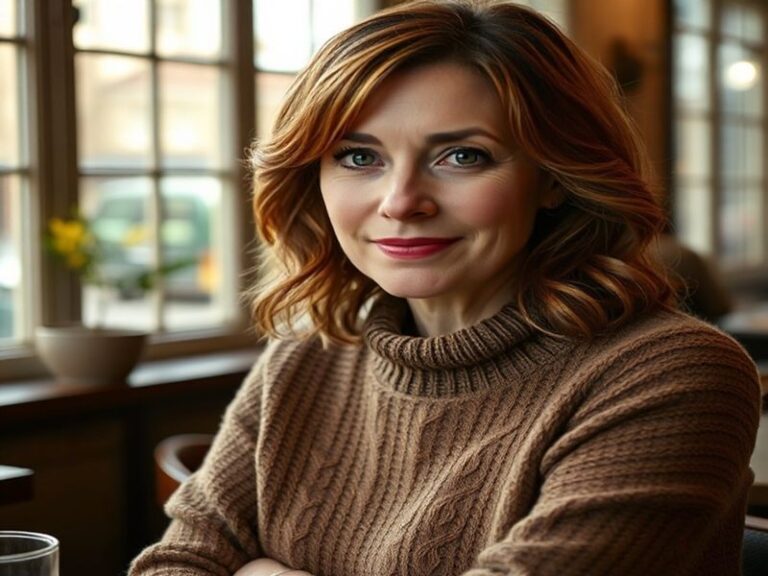 A professional portrait of Hermione Norris in a modern setting, wearing smart casual attire, with a neutral background that h