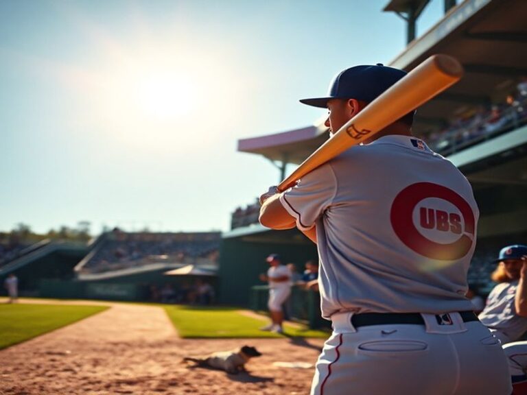 A split-screen image showing a Cubs batter at Wrigley Field and a Rays pitcher at Tropicana Field, with the stadium lights il
